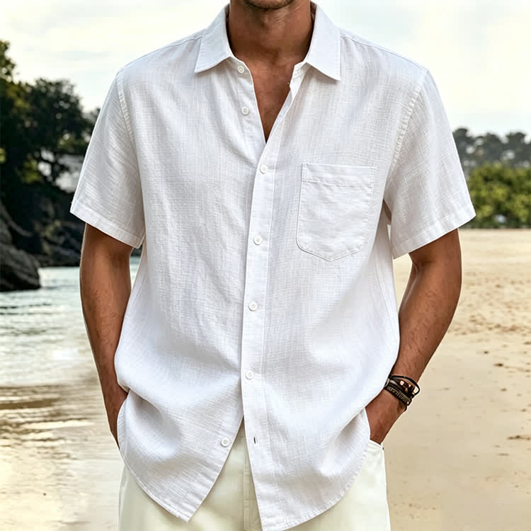 Cozy Solid Texture Button-up Short Sleeve With Pocket Lapel Shirt - White - 5XL - image 3