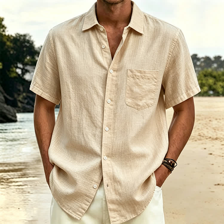 Cozy Solid Texture Button-up Short Sleeve With Pocket Lapel Shirt - Champagne - 5XL - image 1