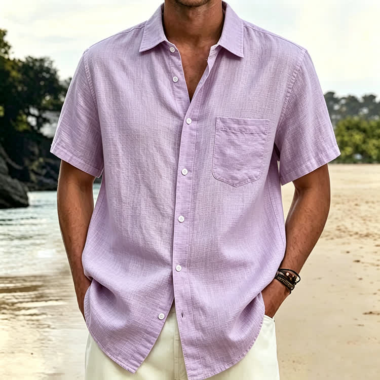 Cozy Solid Texture Button-up Short Sleeve With Pocket Lapel Shirt - Light Purple - 5XL - image 16
