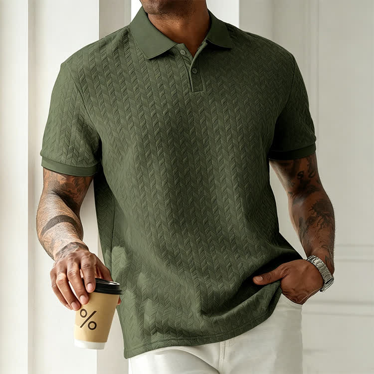 Cozy Solid Classic Texture Short-sleeve Button Polo Shirt - Army Green - 3XL - image 2