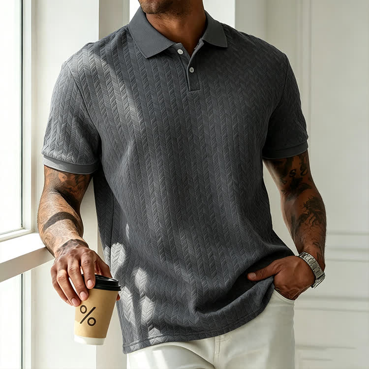 Cozy Solid Classic Texture Short-sleeve Button Polo Shirt - Grey - 3XL - image 3