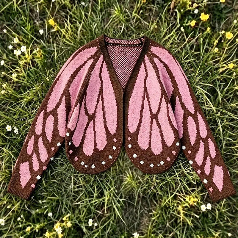 Butterfly-style Knitted Cardigan - Pink - One Szie - image 7