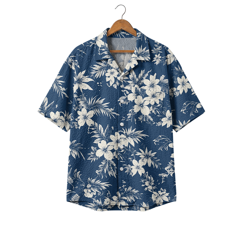 Men's Vintage Tropical Floral Hawaiian Cuban Collar Shirt  - Blue - 4XL - image 1