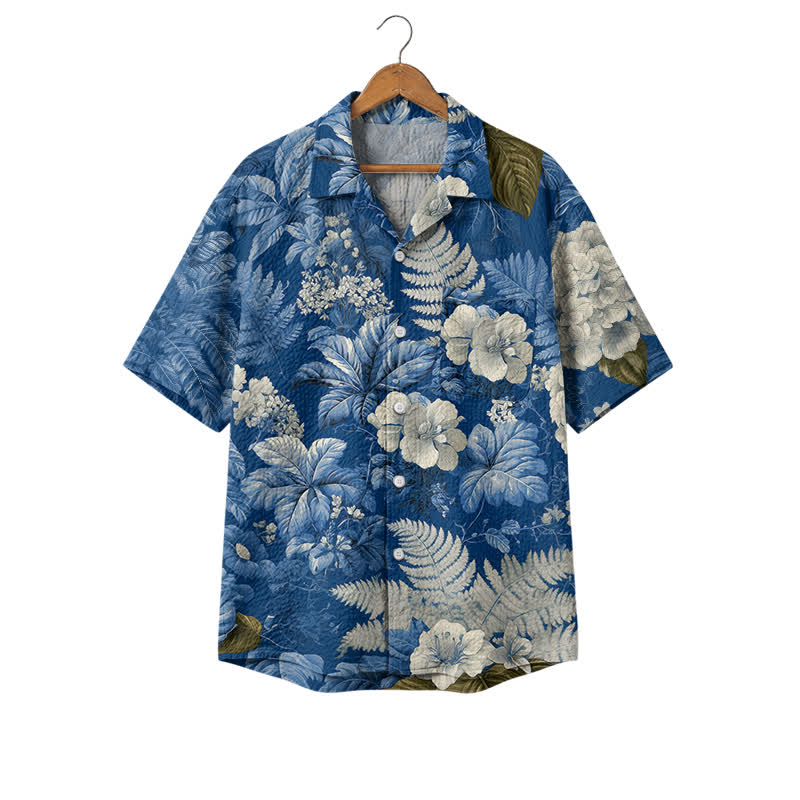 Men's Blue Botanical Print Camp Shirt – Premium Tropical Short Sleeve Shirt for Resort & Weekend Wear - Blue - 4XL - image 1