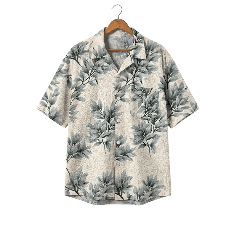 Tropical Leaf Print Cuban Collar Short Sleeve Shirt - Grey - 4XL - image 1