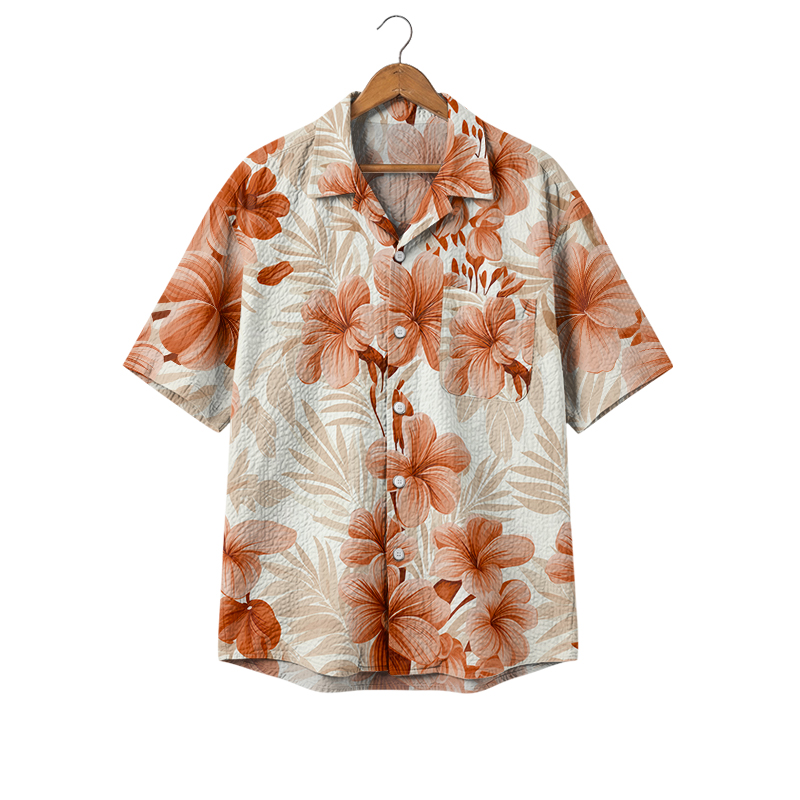 Casual Tropical Floral Cuban Collar Shirt - Orange - 4XL - image 1