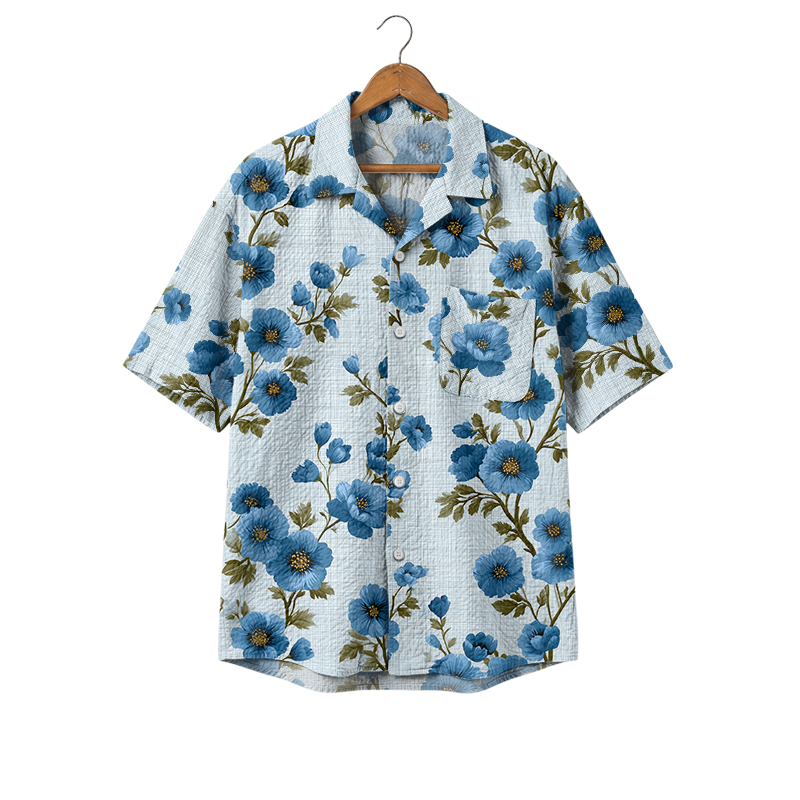 Island Blue Camp Collar Botanical Print Short Sleeve Shirt - Light Blue - 4XL - image 1