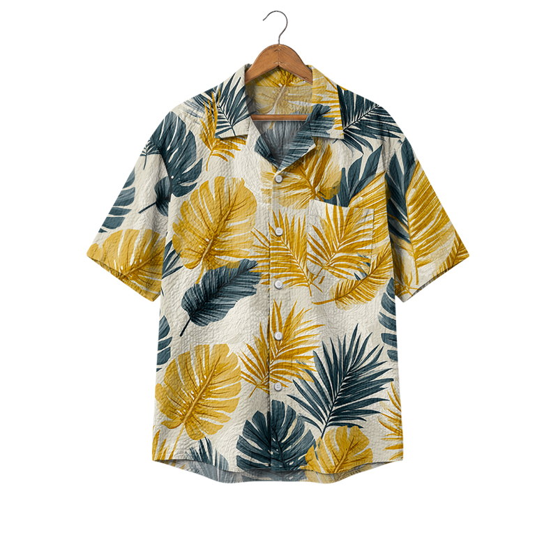 Coastal Breeze Tropical Print Cuban Collar Shirt - Yellow - 4XL - image 1