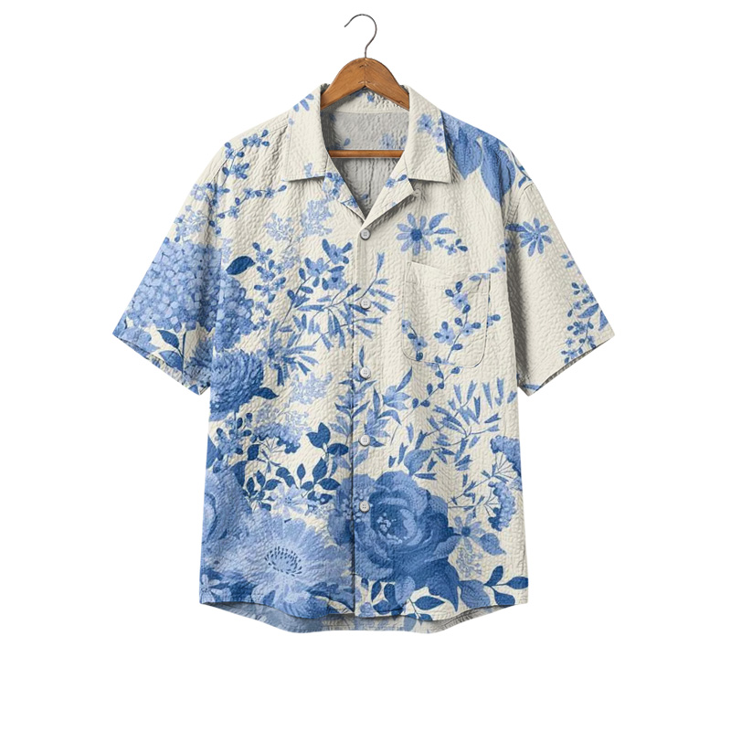 Summer Tide Resort Cuban Collar Print Shirt - Light Blue - 4XL - image 1