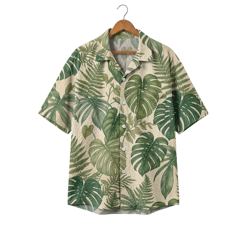 Hawaiian Summer Fern Print Cuban Collar Shirt - Green - 4XL - image 1