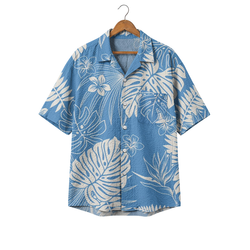 Vacation Monstera Bloom Cuban Collar Shirt - Blue - 4XL - image 1
