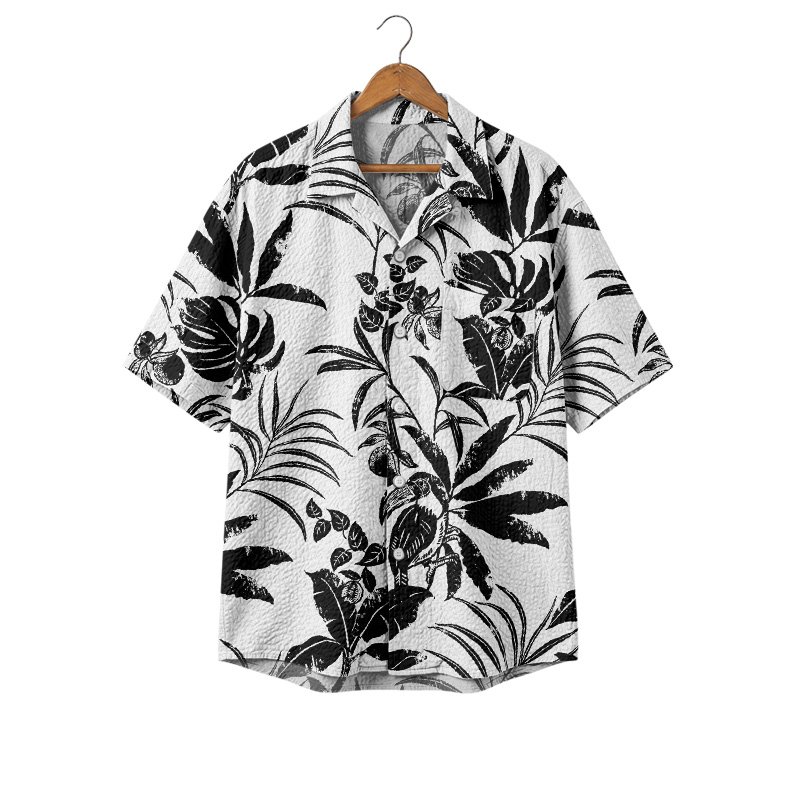 Black and White Island Leaf Print Cuban Collar Shirt - White - 4XL - image 1