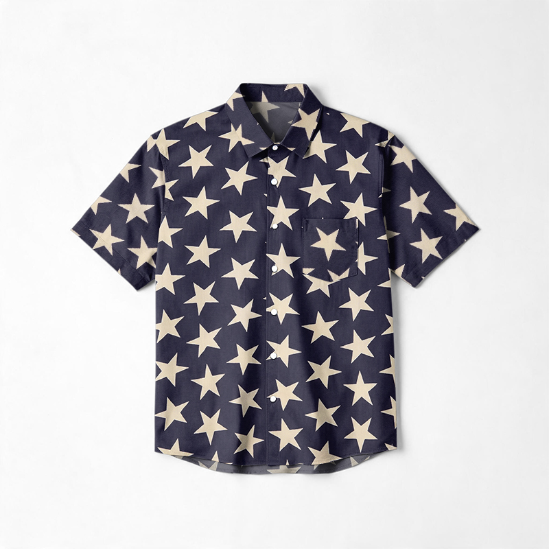 Cotton Allover Star Pattern Short Sleeve Lapel Collar Shirt - Blue - 6XL - image 1