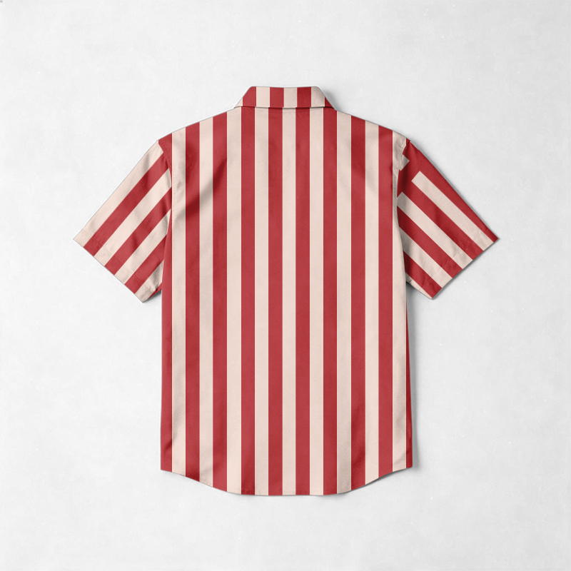 Cotton Burgundy Stripe Lapel Collar Short Sleeve Shirt - image 2