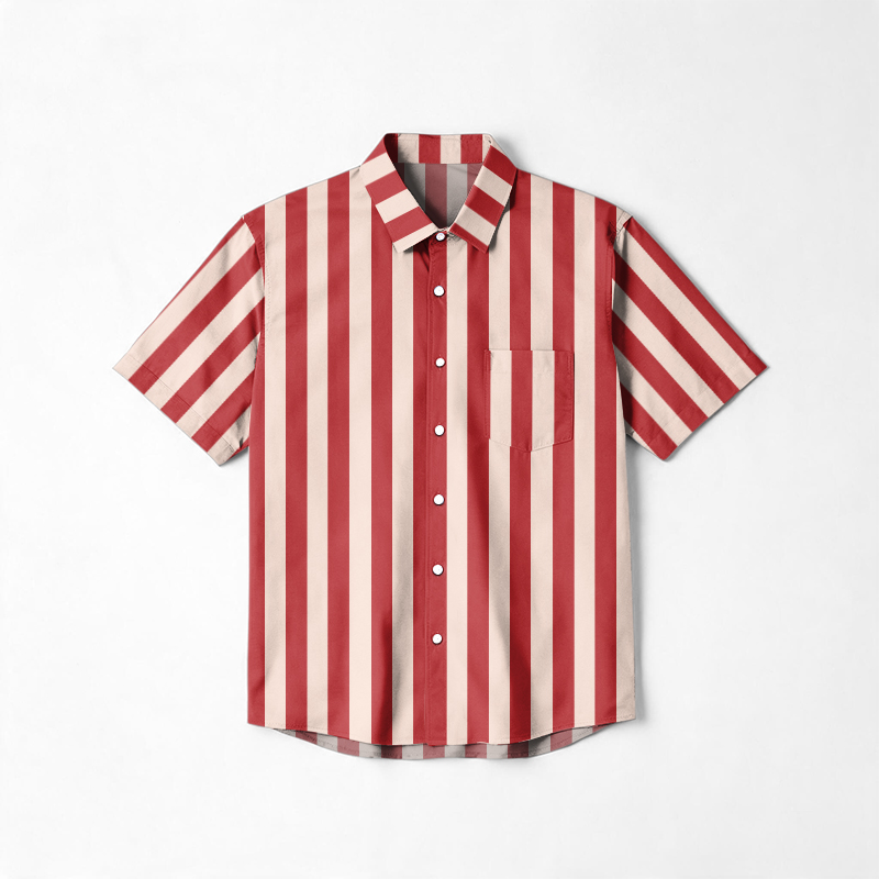 Cotton Burgundy Stripe Lapel Collar Short Sleeve Shirt - Red - 6XL - image 1