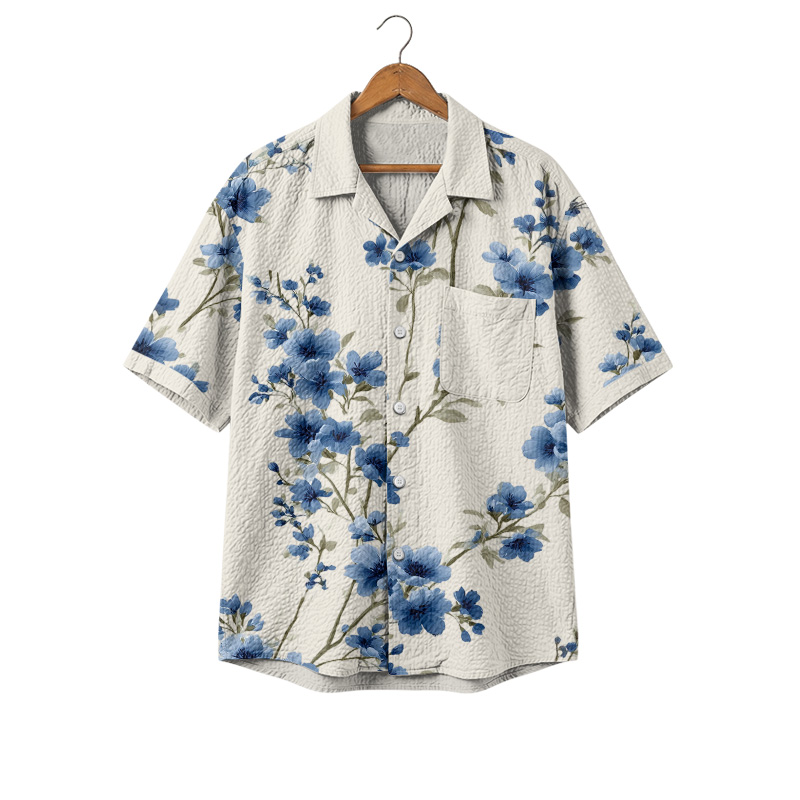 Summer Tide Blue Floral Cuban Collar Shirt - Beige - 4XL - image 1