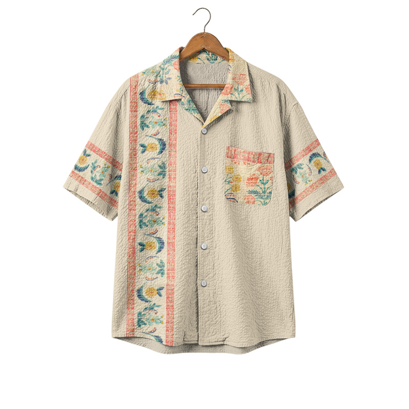 Summer Escape Textured Cuban Collar Shirt - Apricot - 4XL - image 1