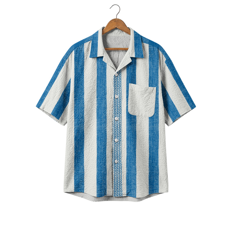 Coastal Blue Stripe Cuban Collar Shirt - Blue - 4XL - image 1