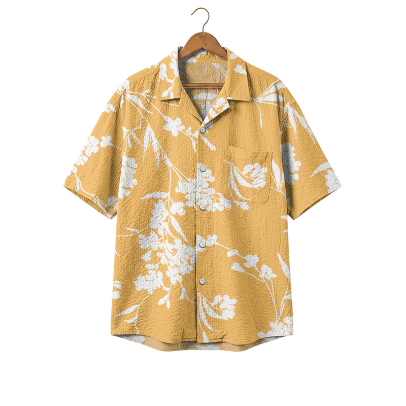 Vintage Tropical Branch Cuban Collar Button Shirt - Yellow - 4XL - image 2