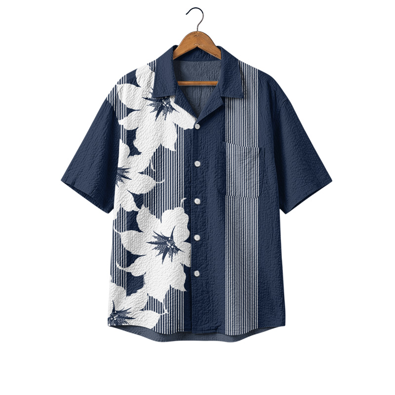 Casual Asymmetrical Floral Stripe Cuban Collar Shirt - Blue - 4XL - image 1