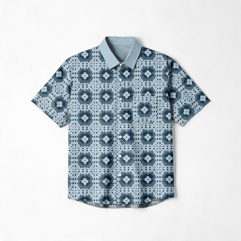 Vacation Contrast Collar Geometric Print Cotton Shirt - Blue - 6XL - image 1