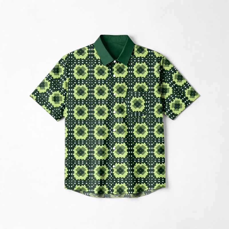 Vacation Contrast Collar Geometric Print Cotton Shirt - Green - 6XL - image 9