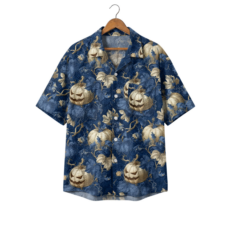 Casufit Vintage Halloween Pumpkin Print Camp Shirt for Men - Blue - 4XL - image 1