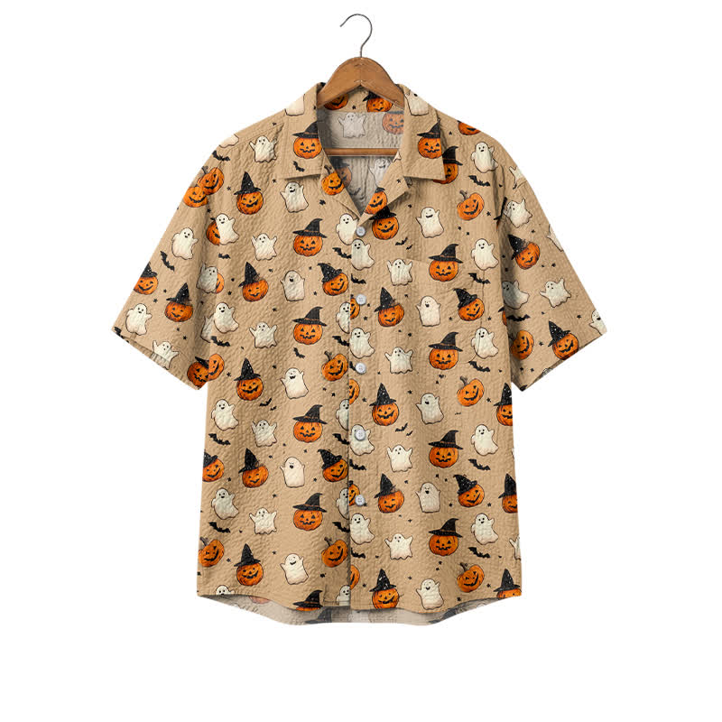 Casufit Men's Halloween Ghost & Pumpkin Print Camp Shirt, Vintage Short Sleeve Button Down Shirt, Retro Holiday Casual Hawaiian  - Coffee - 4XL - image 1