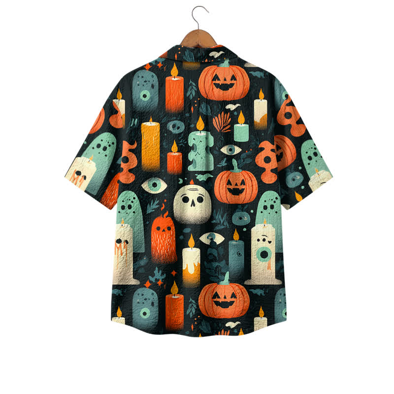 Casufit Men's Vintage Halloween Candle & Pumpkin Print Camp Shirt, Dark Retro Short Sleeve Button Down Shirt, Holiday Resort Wea - image 2