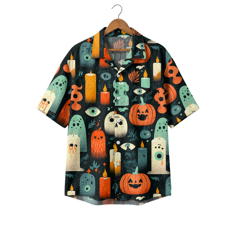 Casufit Men's Vintage Halloween Candle & Pumpkin Print Camp Shirt, Dark Retro Short Sleeve Button Down Shirt, Holiday Resort Wea - Green - 4XL - image 1
