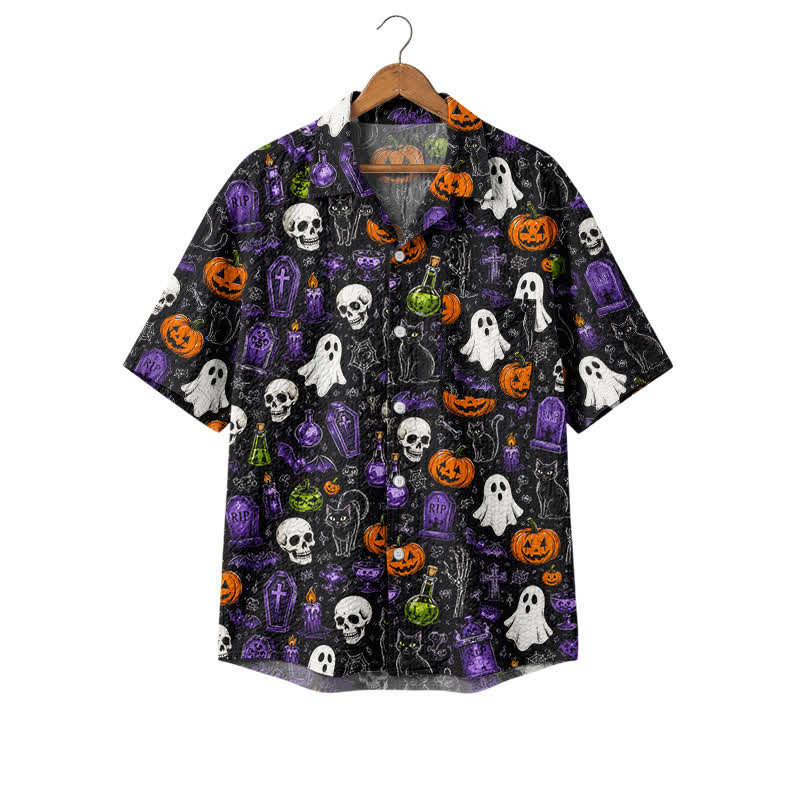 Casufit Men's Dark Vintage Halloween Skull Ghost Print Camp Shirt - Black - 4XL - image 1