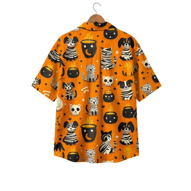 Casufit Men's Vintage Halloween Cat & Dog Print Camp Shirt - image 2