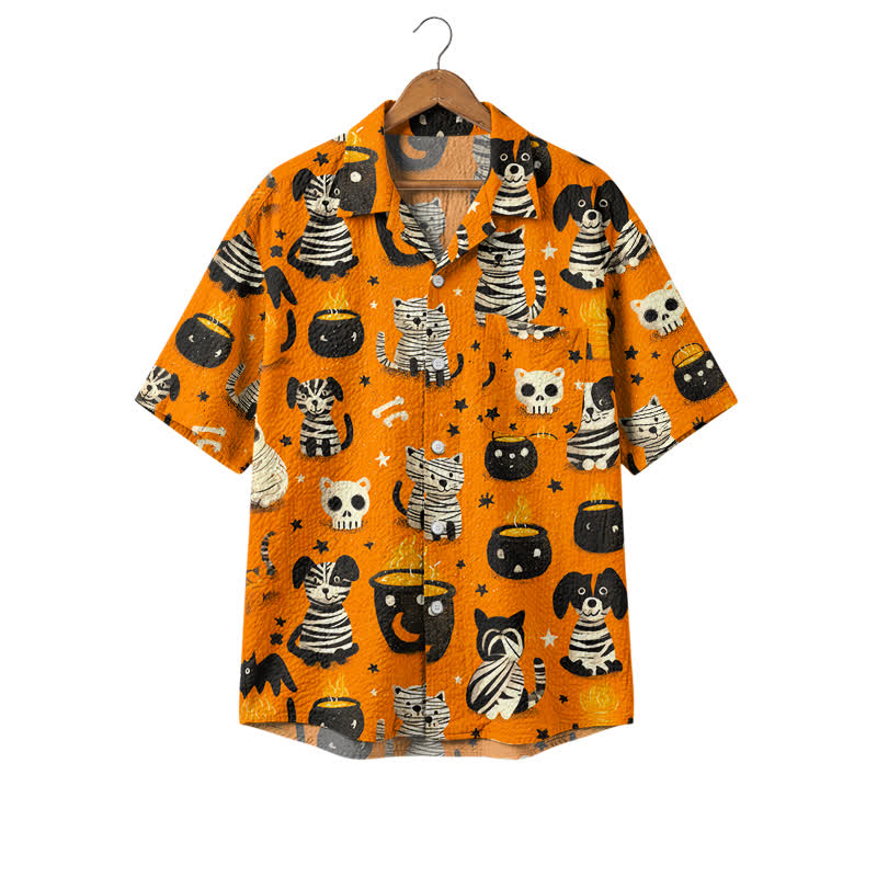 Casufit Men's Vintage Halloween Cat & Dog Print Camp Shirt - Orange - 4XL - image 1