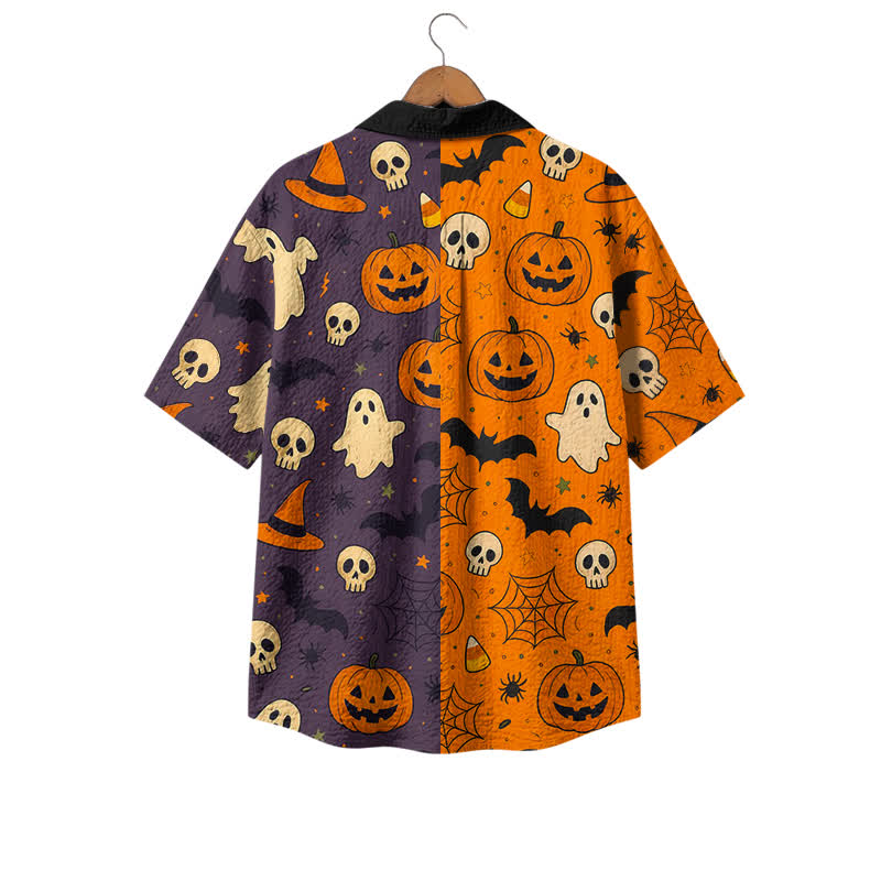Casufit Men's Vintage Halloween Color Block Pumpkin Ghost Camp Shirt - image 2