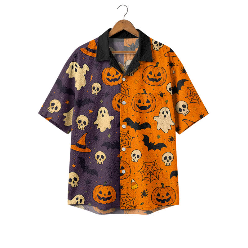 Casufit Men's Vintage Halloween Color Block Pumpkin Ghost Camp Shirt - Orange - 4XL - image 1