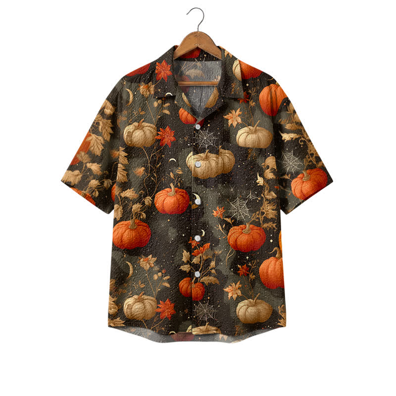 Casufit Men's Vintage Pumpkin & Autumn Leaf Camp Shirt, Dark Floral Halloween Short Sleeve Button Down Shirt - Green - 4XL - image 1