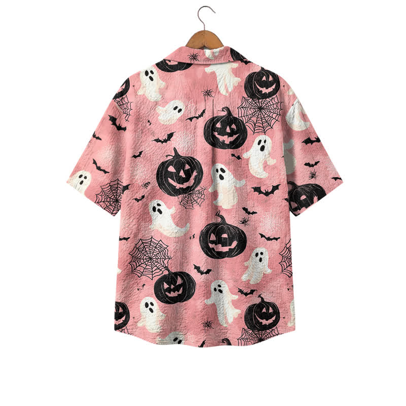 Casufit Halloween Party Shirt for Men, Vintage Ghost Pumpkin Print Short Sleeve Camp Shirt - image 2