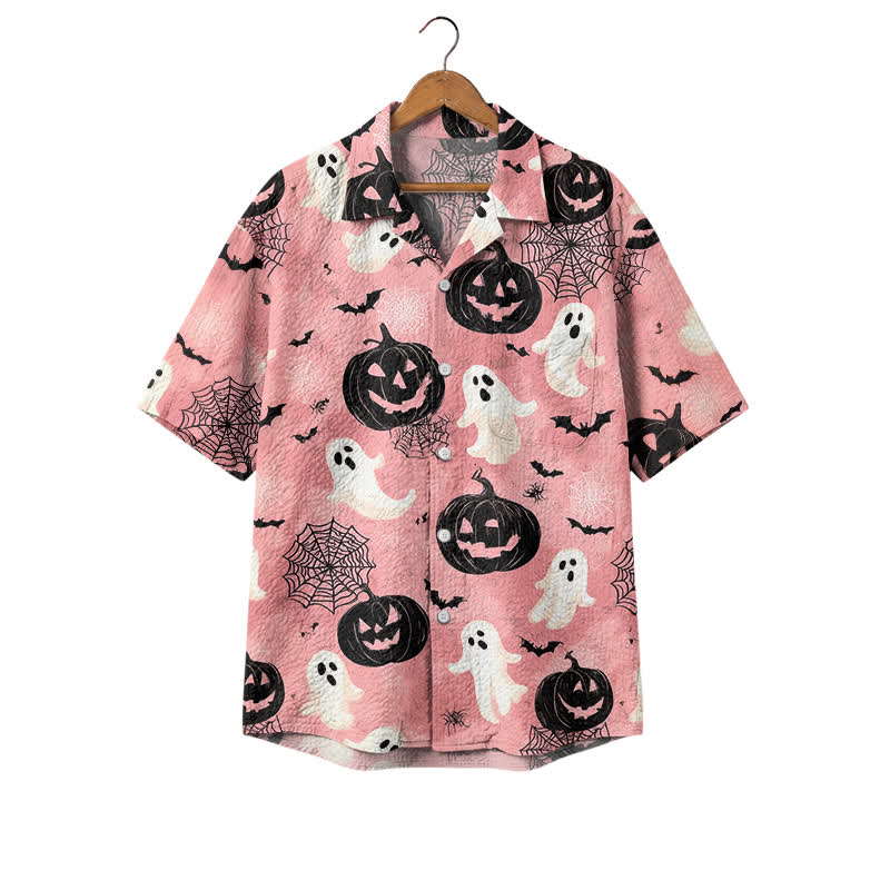 Casufit Halloween Party Shirt for Men, Vintage Ghost Pumpkin Print Short Sleeve Camp Shirt - Pink - 4XL - image 1