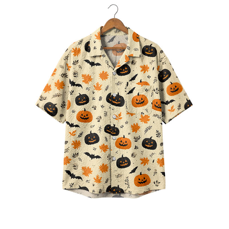 Casufit Men's Vintage Fall Pumpkin Print Camp Shirt, Halloween Inspired Short Sleeve Button Down Shirt, Classic Casual Resort We - Beige - 4XL - image 1