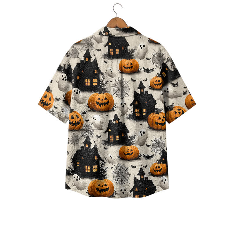 Casufit Men's Vintage Halloween Haunted House Camp Shirt, Pumpkin Ghost Print Short Sleeve Button Down Shirt - image 2