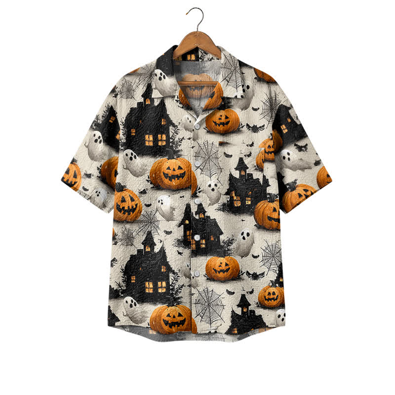 Casufit Men's Vintage Halloween Haunted House Camp Shirt, Pumpkin Ghost Print Short Sleeve Button Down Shirt - Camel - 4XL - image 1
