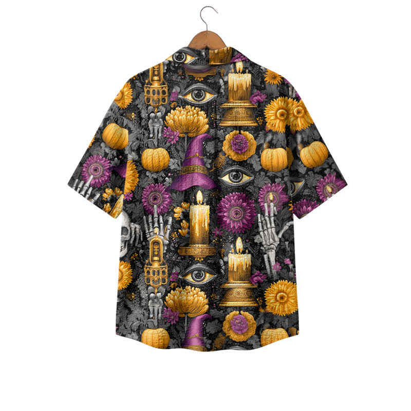 Casufit Men's Gothic Halloween Art Print Camp Shirt, Vintage Skull Candle Pumpkin Short Sleeve Button Down Shirt - image 2