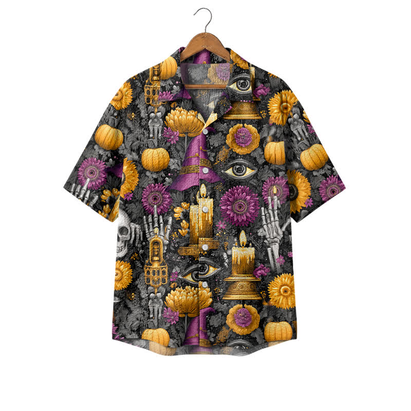 Casufit Men's Gothic Halloween Art Print Camp Shirt, Vintage Skull Candle Pumpkin Short Sleeve Button Down Shirt - Black - 4XL - image 1