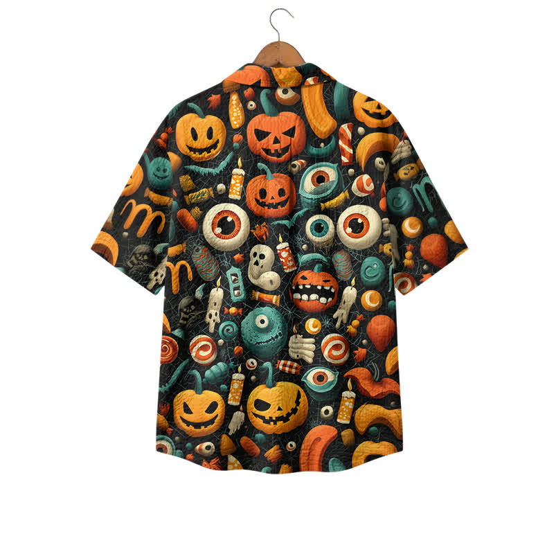 Casufit Men's Vintage Halloween Monster Print Camp Shirt, Retro Pumpkin Ghost Short Sleeve Button Down Shirt - image 2