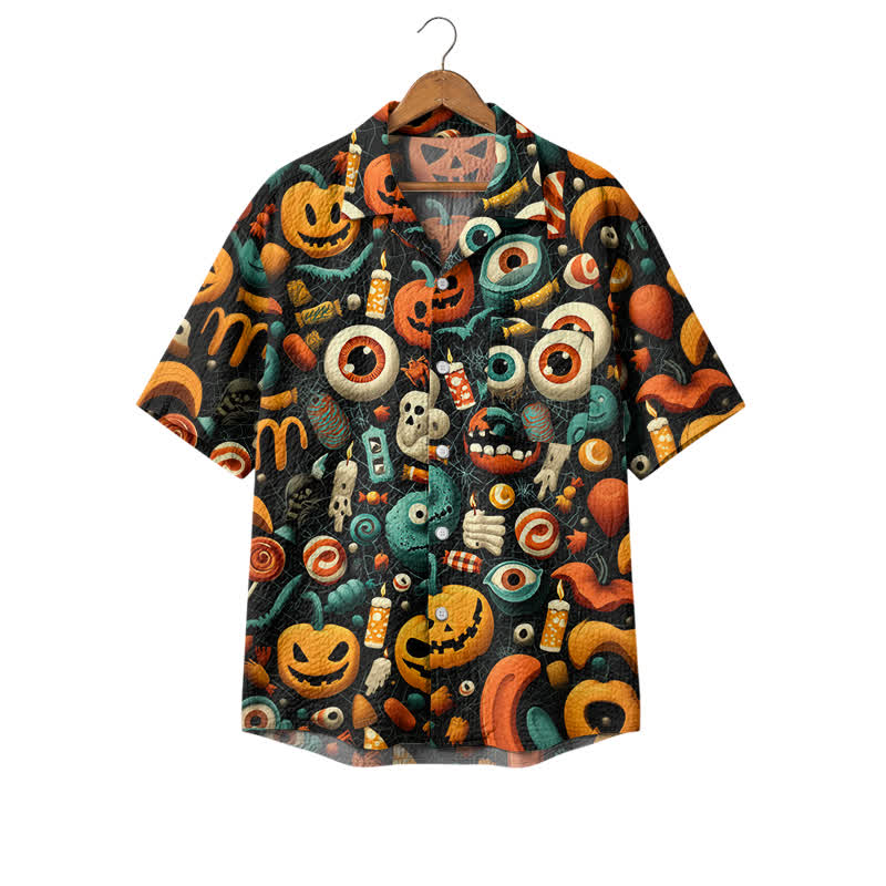 Casufit Men's Vintage Halloween Monster Print Camp Shirt, Retro Pumpkin Ghost Short Sleeve Button Down Shirt - Black - 4XL - image 1