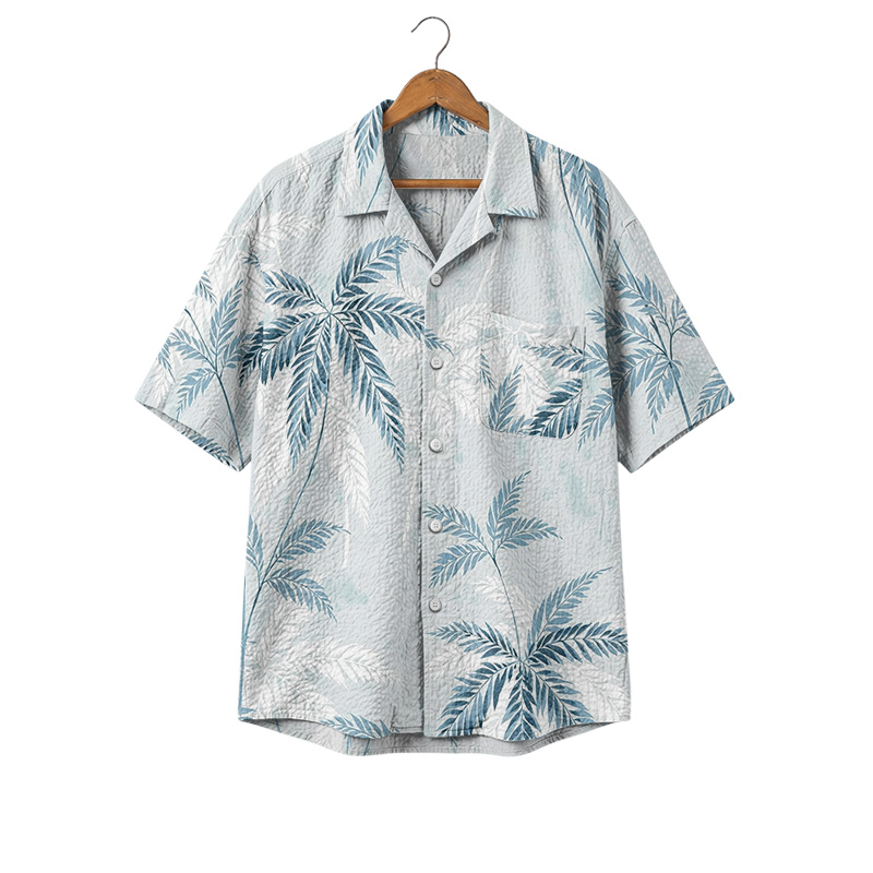 Tropical Leaf Cuban Collar Short Sleeve Shirt - Blue - 4XL - image 1