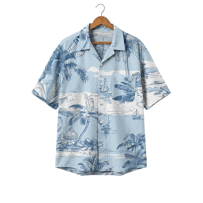 Coastal Blue Scenic Print Cuban Collar Shirt - Blue - 4XL - image 1