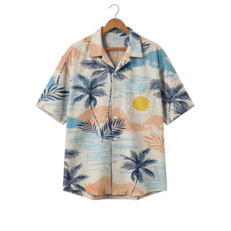 Tropical Sunset Palm Print Cuban Collar Shirt - Orange - 4XL - image 1