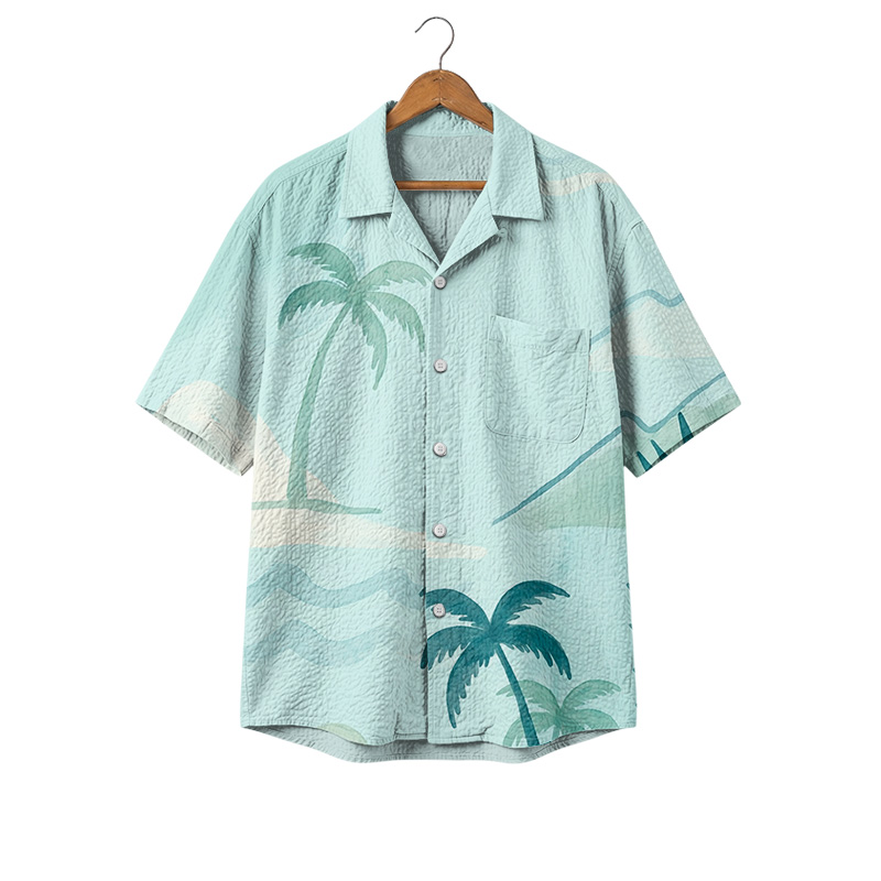 Sea Breeze Watercolor Print Short Sleeve Cuban Collar Shirt - Mint - 4XL - image 1