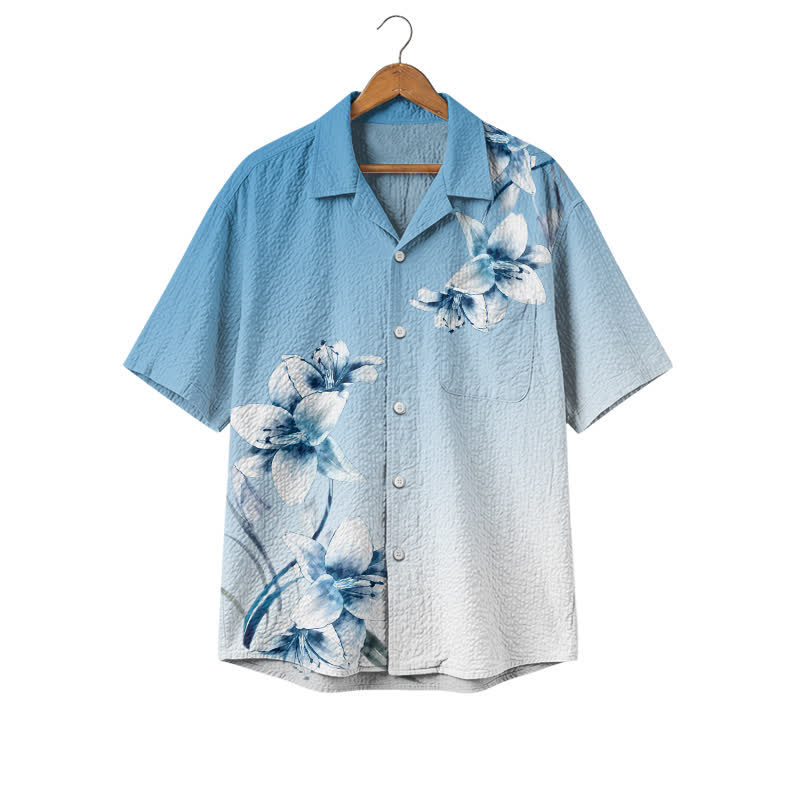 Men's Blue Ombre Floral Hawaiian Shirt – Short Sleeve Camp Shirt - Blue - 4XL - image 1